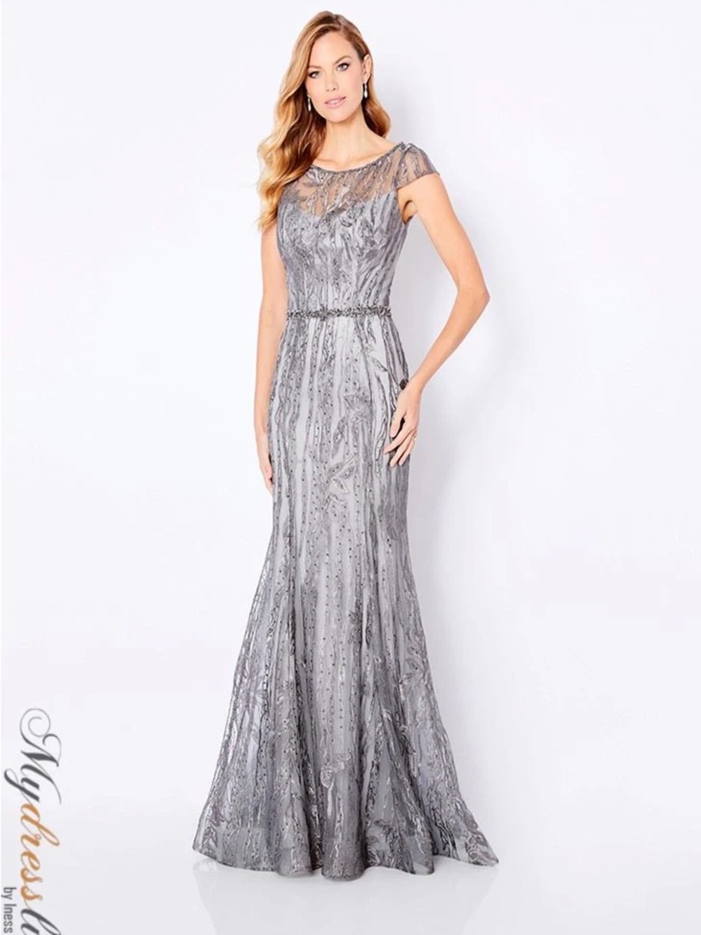 NWT Cameron Blake 221685 Silver Gray Beaded Maxi Dress Size 14 Mother